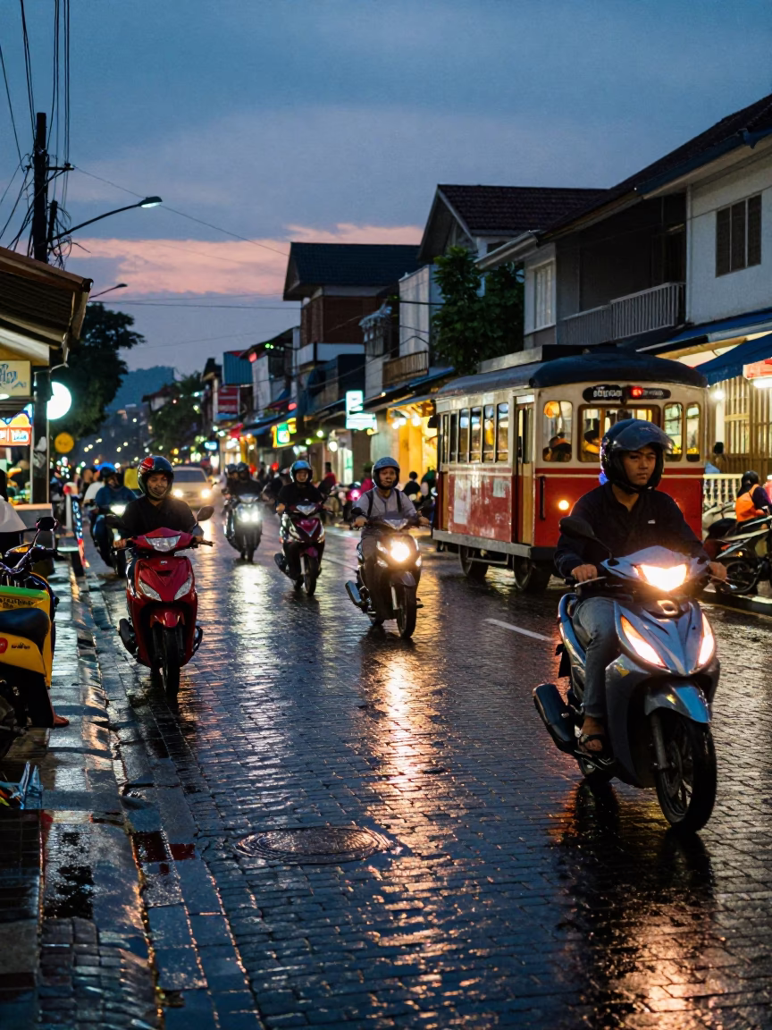 Yogyakarta street scene at dusk with motorbikes and glowing shop lights near Malioboro in in Yogyakarta, Indonesia