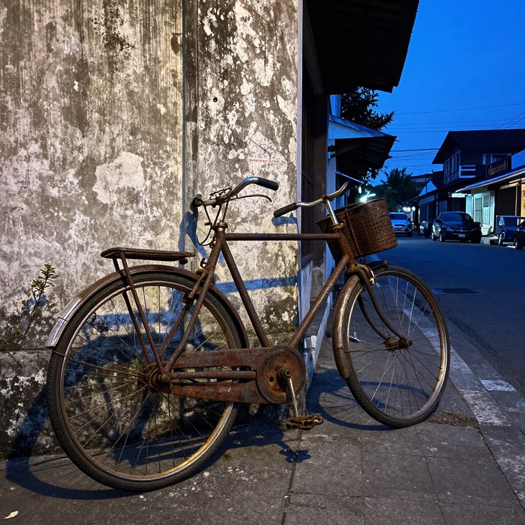 Yogyakarta Street Scene at Dusk with Rusty Bicycle and Leather Ball in in Yogyakarta, Indonesia