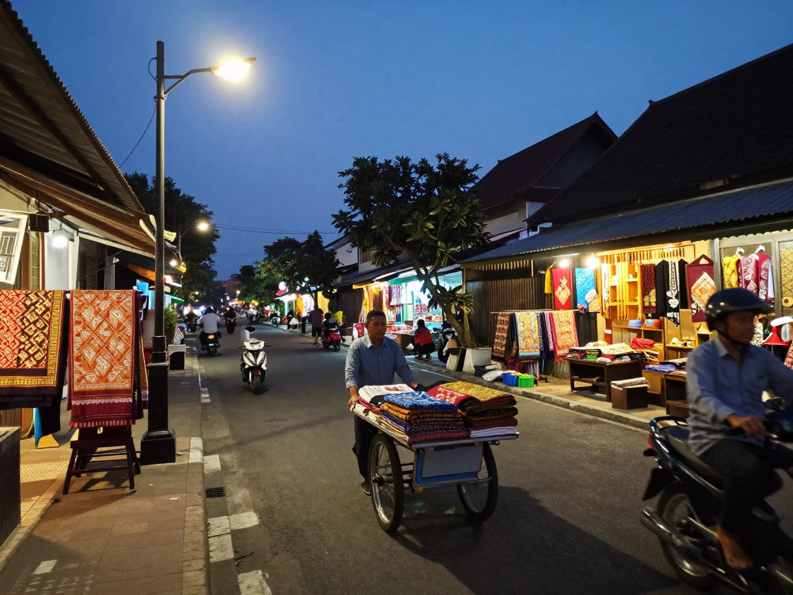 Yogyakarta street scene at dusk with traditional batik shop and motorbikes in in Yogyakarta, Indonesia