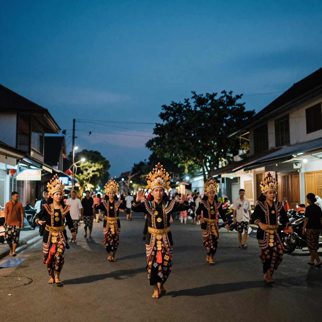Yogyakarta street scene at dusk with traditional dancers and vibrant evening lights in in Yogyakarta, Indonesia