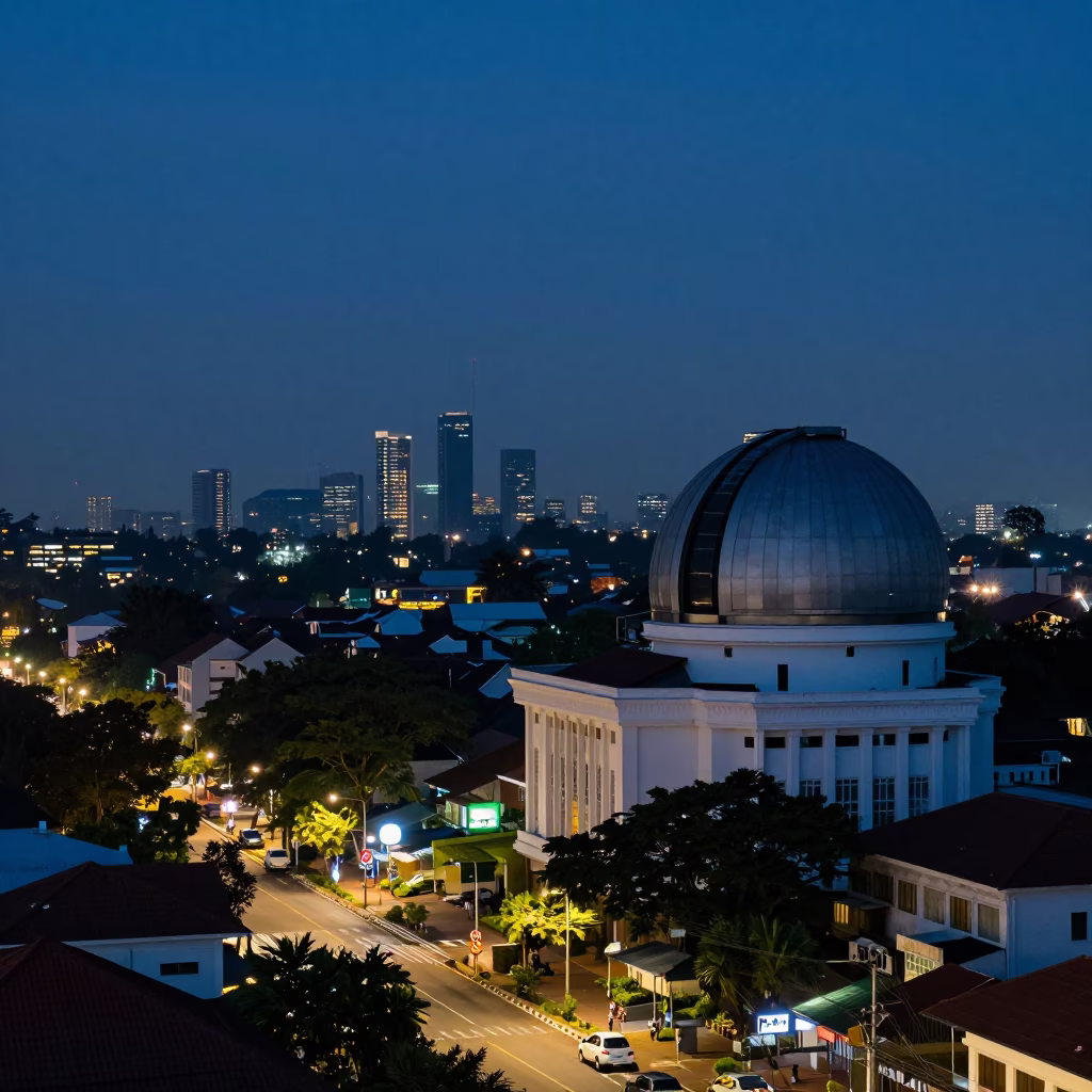Yogyakarta Street Scene at Dusk with University Observatory and Local Vendors in in Yogyakarta, Indonesia