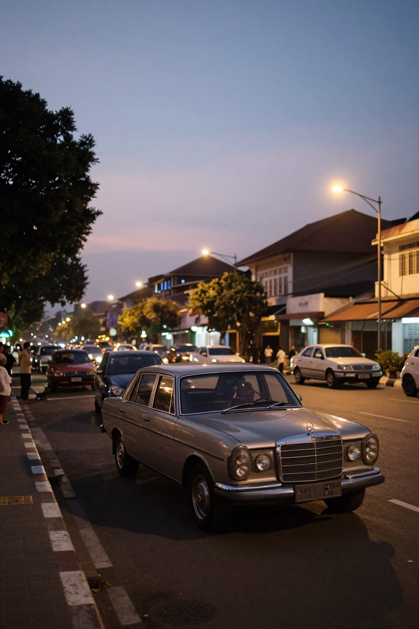 Yogyakarta Street Scene at Dusk with Vintage Car and Local Traffic in in Yogyakarta, Indonesia