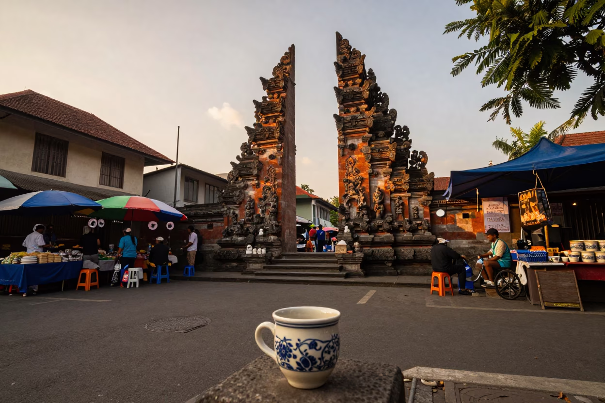 Yogyakarta Street Scene at Golden Hour with Ceramic Cup and Local Market Life in in Yogyakarta, Indonesia