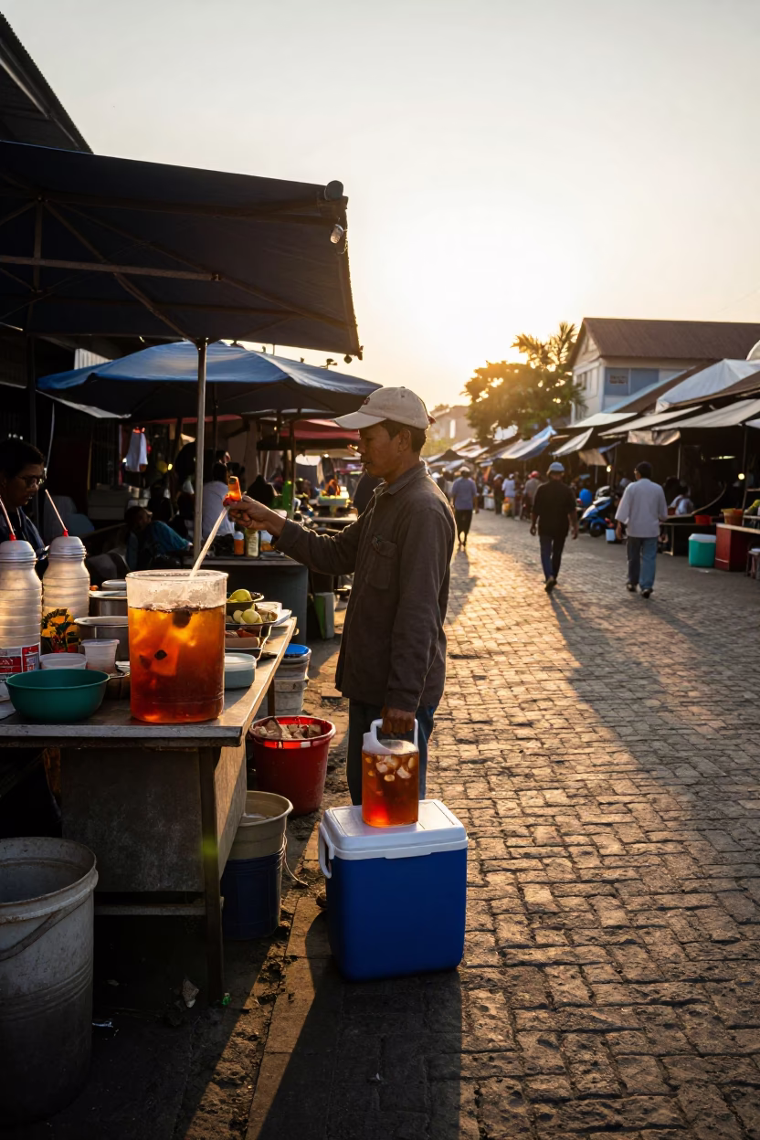 Yogyakarta Street Scene at Golden Hour with Cooler Jug and Local Vendor in in Yogyakarta, Indonesia