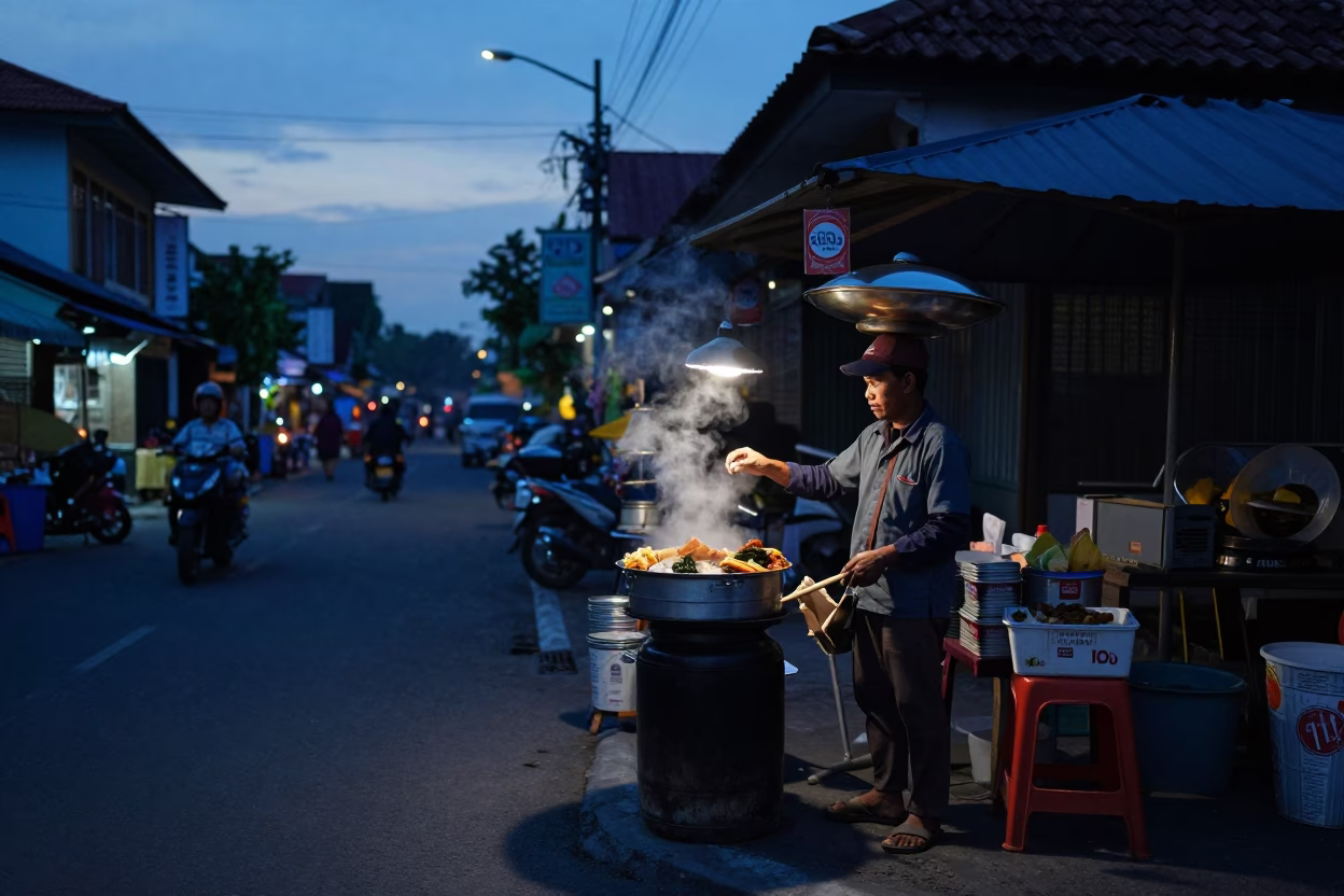 Yogyakarta street scene at indigo twilight with tiffin tin and hibiscus flower in in Yogyakarta, Indonesia