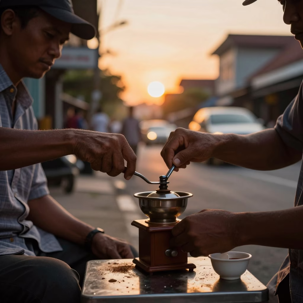 Yogyakarta Street Scene at Sunset with Coffee Grinder and Mixing Spoon in in Yogyakarta, Indonesia
