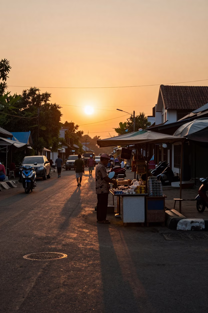 Yogyakarta Street Scene at Sunset with Shopkeeper and Local Architecture in in Yogyakarta, Indonesia