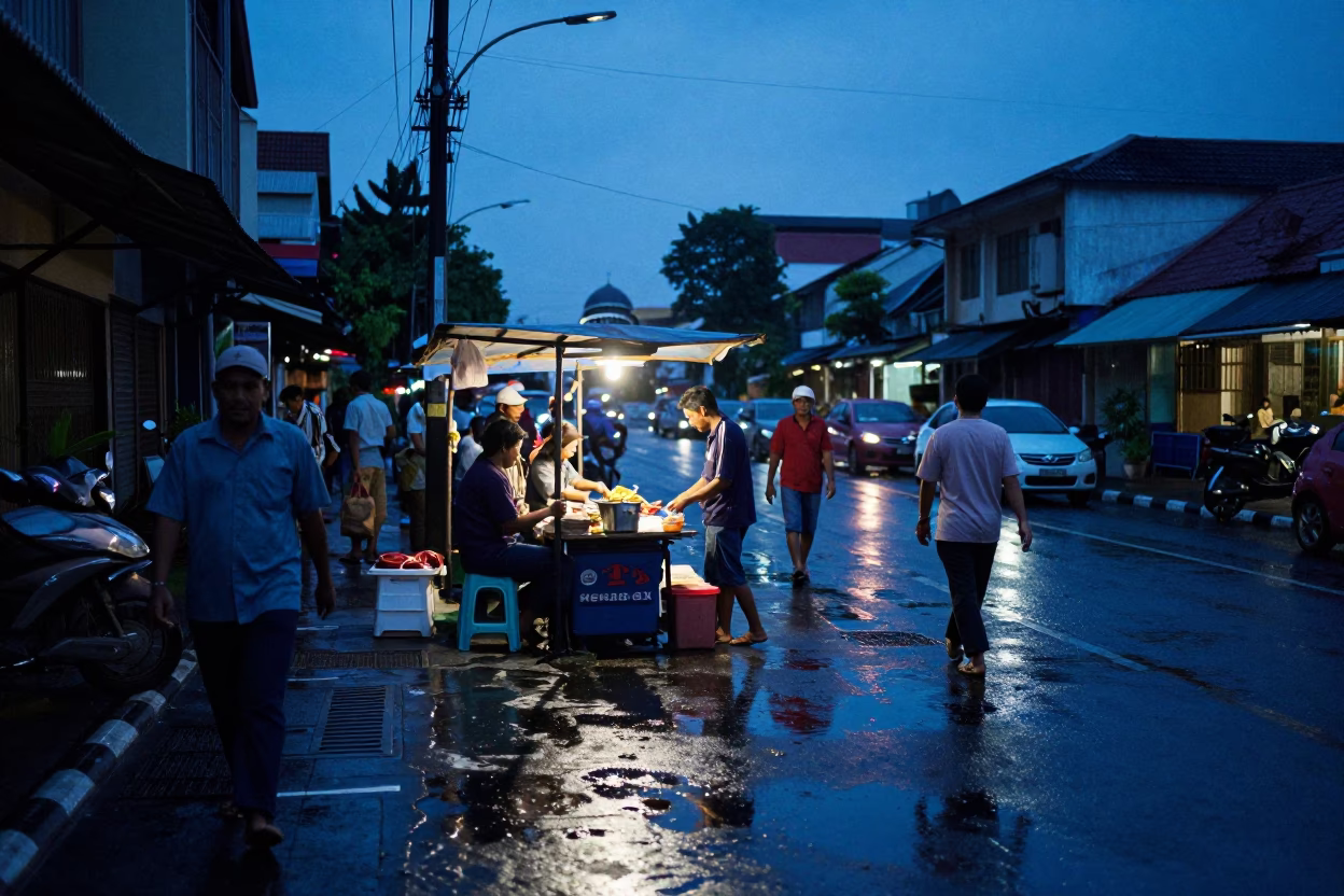 Yogyakarta Street Scene Indigo Twilight Local Vendor and Commuters in in Yogyakarta, Indonesia