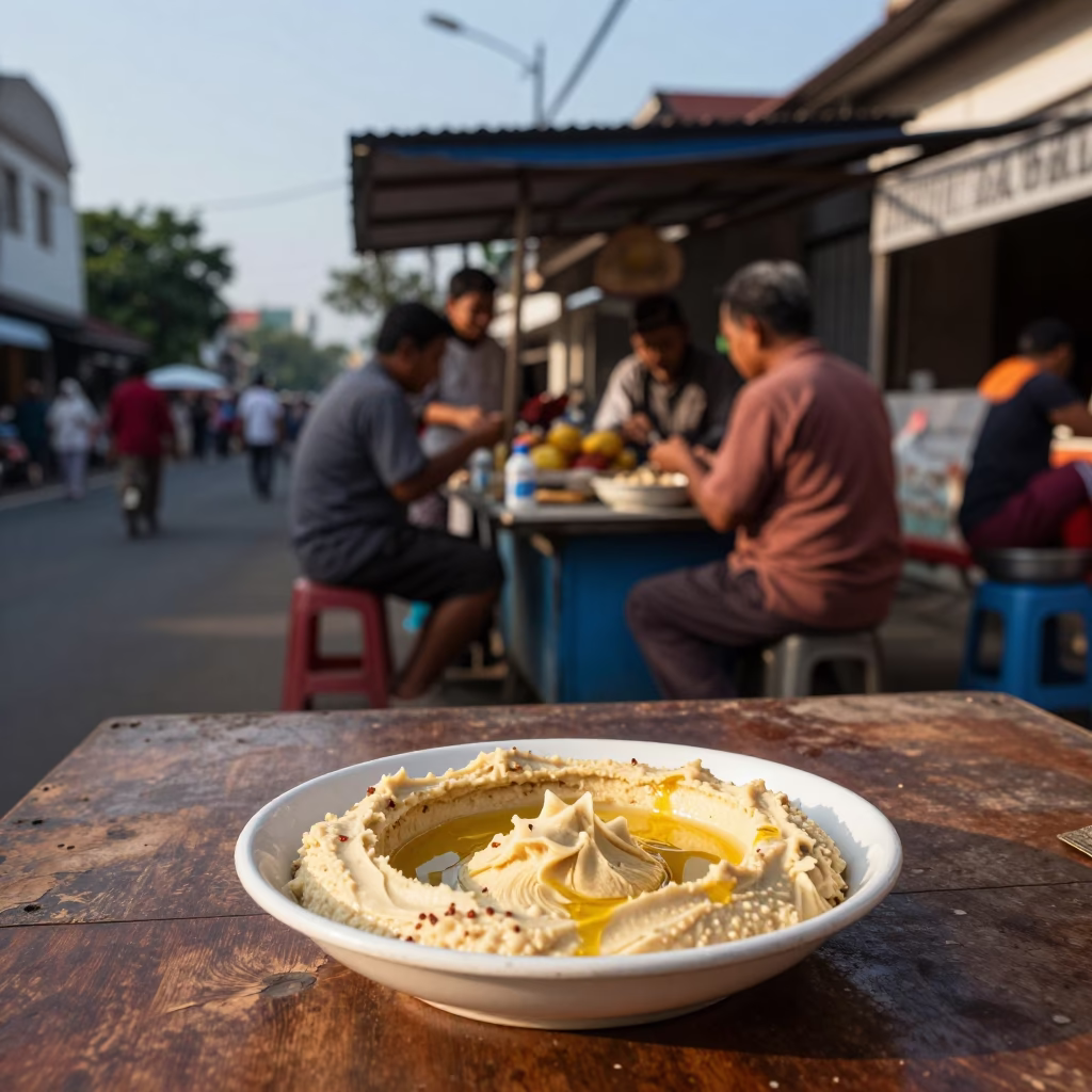 Yogyakarta Street Scene Late Afternoon Light with Hummus Plate and Measuring Cup in in Yogyakarta, Indonesia
