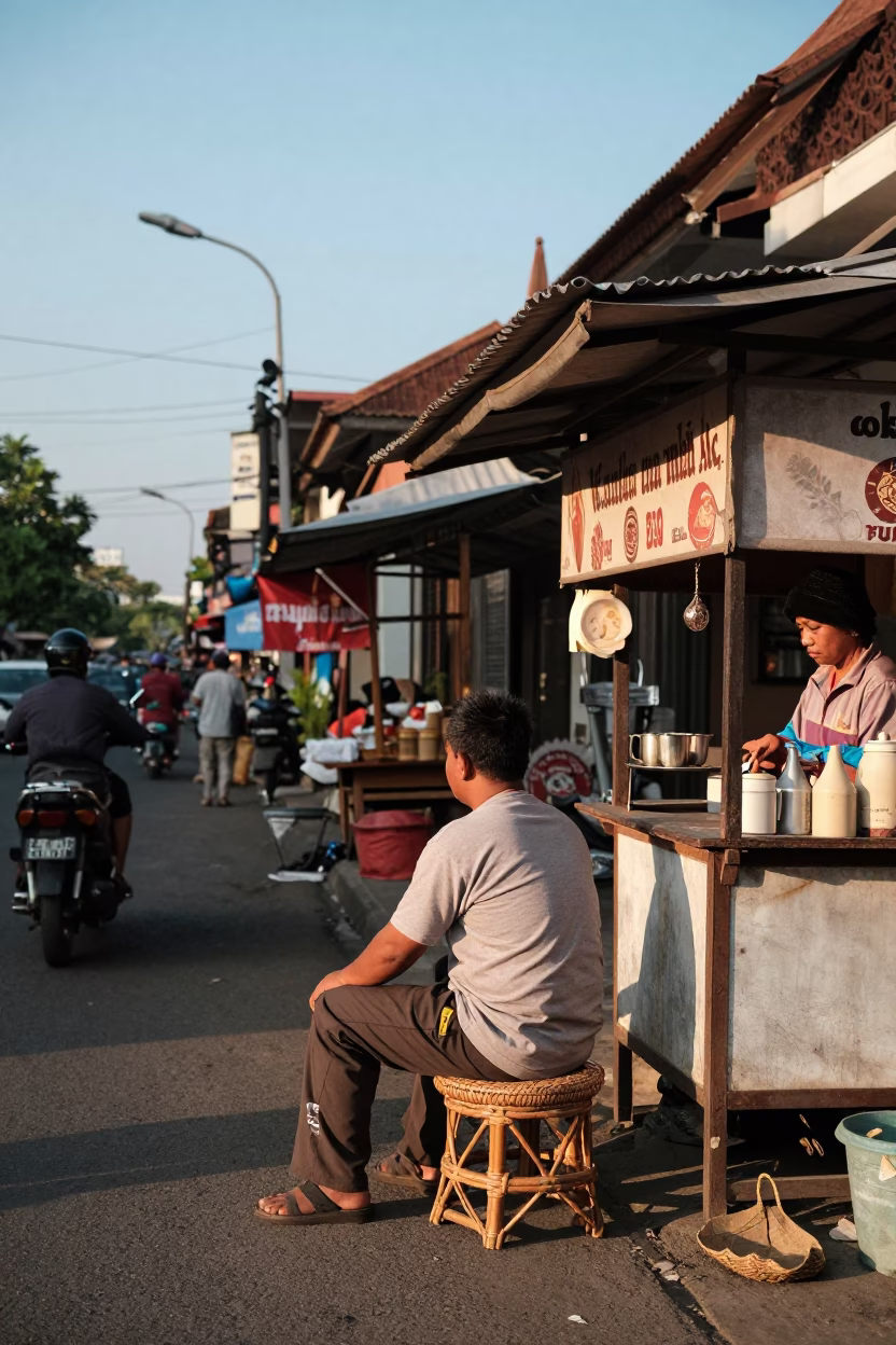 Yogyakarta Street Scene Late Afternoon Light with Local Vendor and Rattan Stool in in Yogyakarta, Indonesia