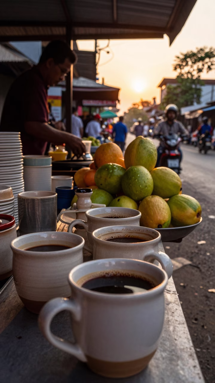 Yogyakarta Street Scene with Ceramic Mugs and Fruit at Golden Hour in in Yogyakarta, Indonesia