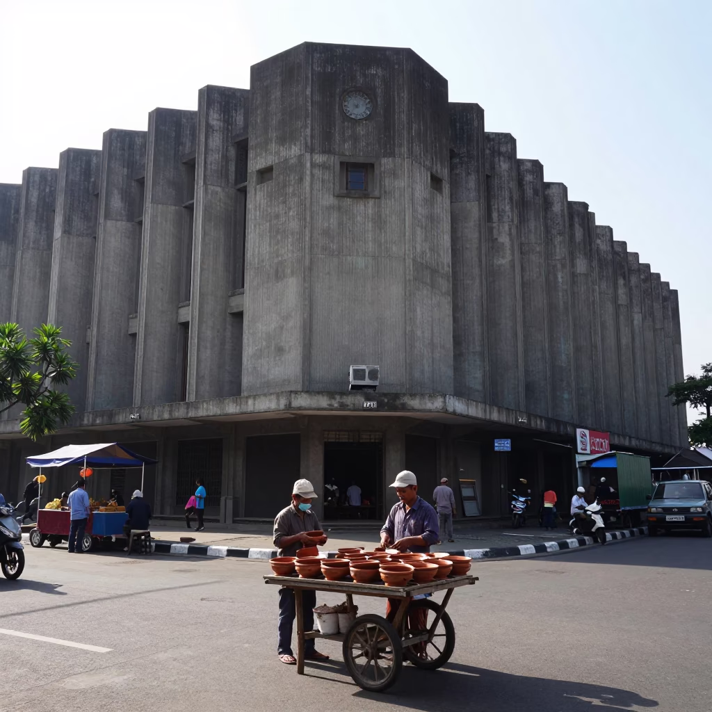 Yogyakarta Street Scene with Concrete Brutalist Building and Morning Activity in in Yogyakarta, Indonesia