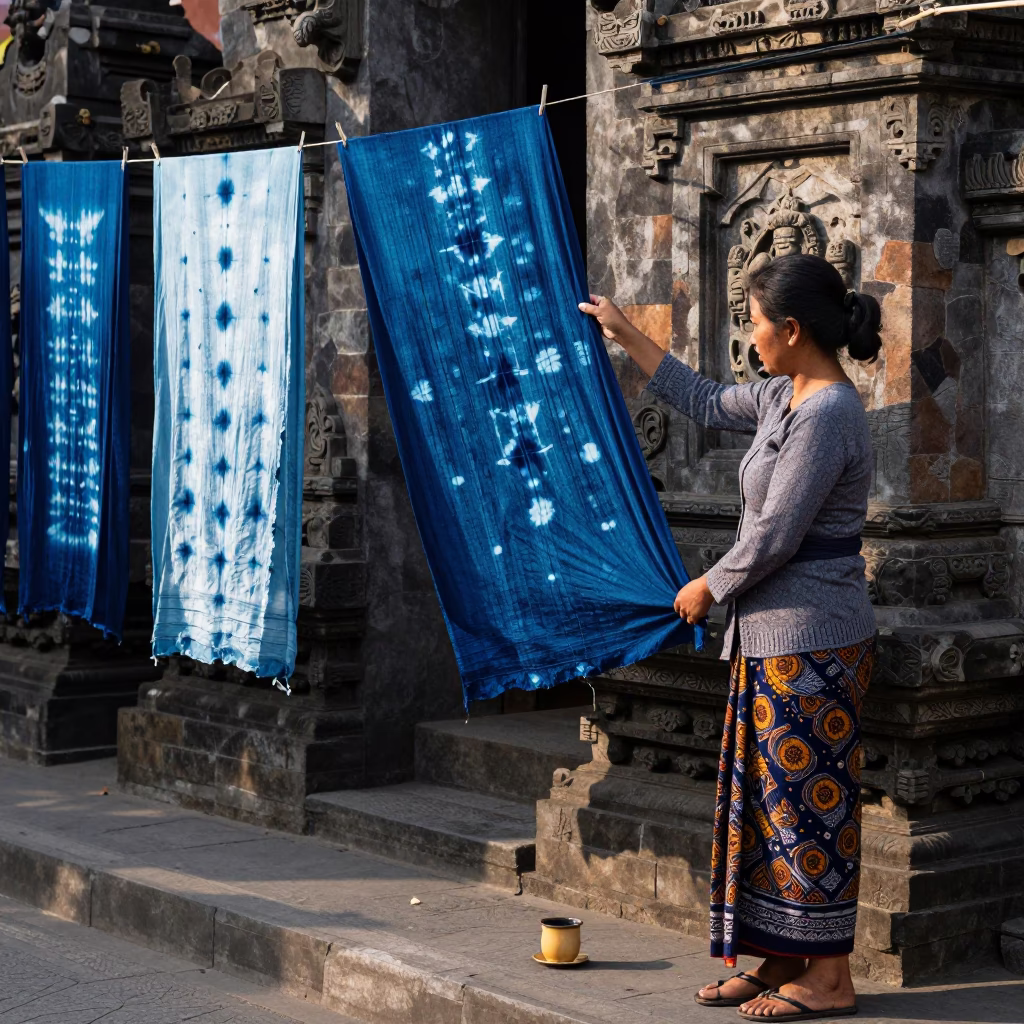 Yogyakarta street scene with indigo fabric and ceramic cup in in Yogyakarta, Indonesia