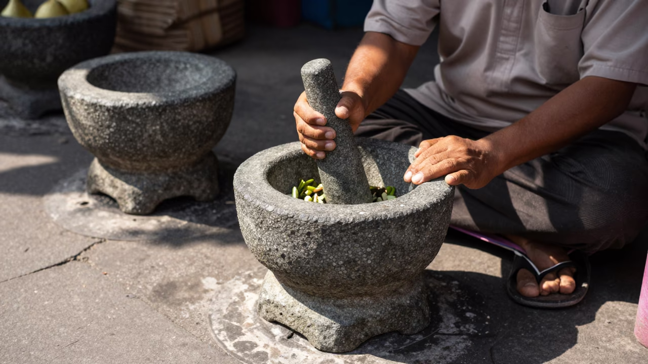 Yogyakarta Street Scene with Mortar and Pestle in Late Morning Light in in Yogyakarta, Indonesia