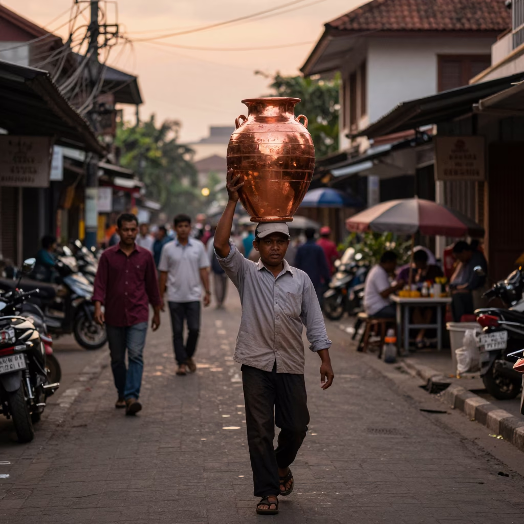 Yogyakarta Street Scene with Terracotta Pot in Copper-Toned Dusk Light in in Yogyakarta, Indonesia