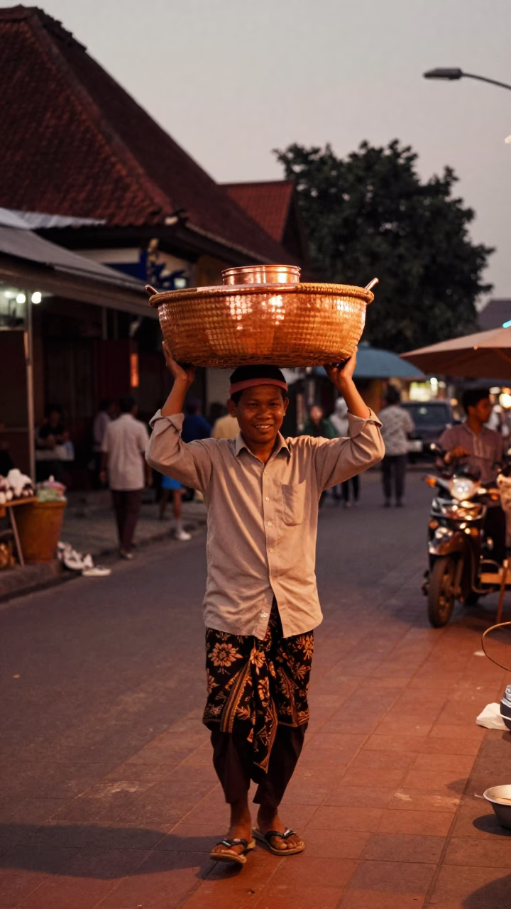 Yogyakarta street scene with traditional basket tray and copper dusk light before sunset in in Yogyakarta, Indonesia