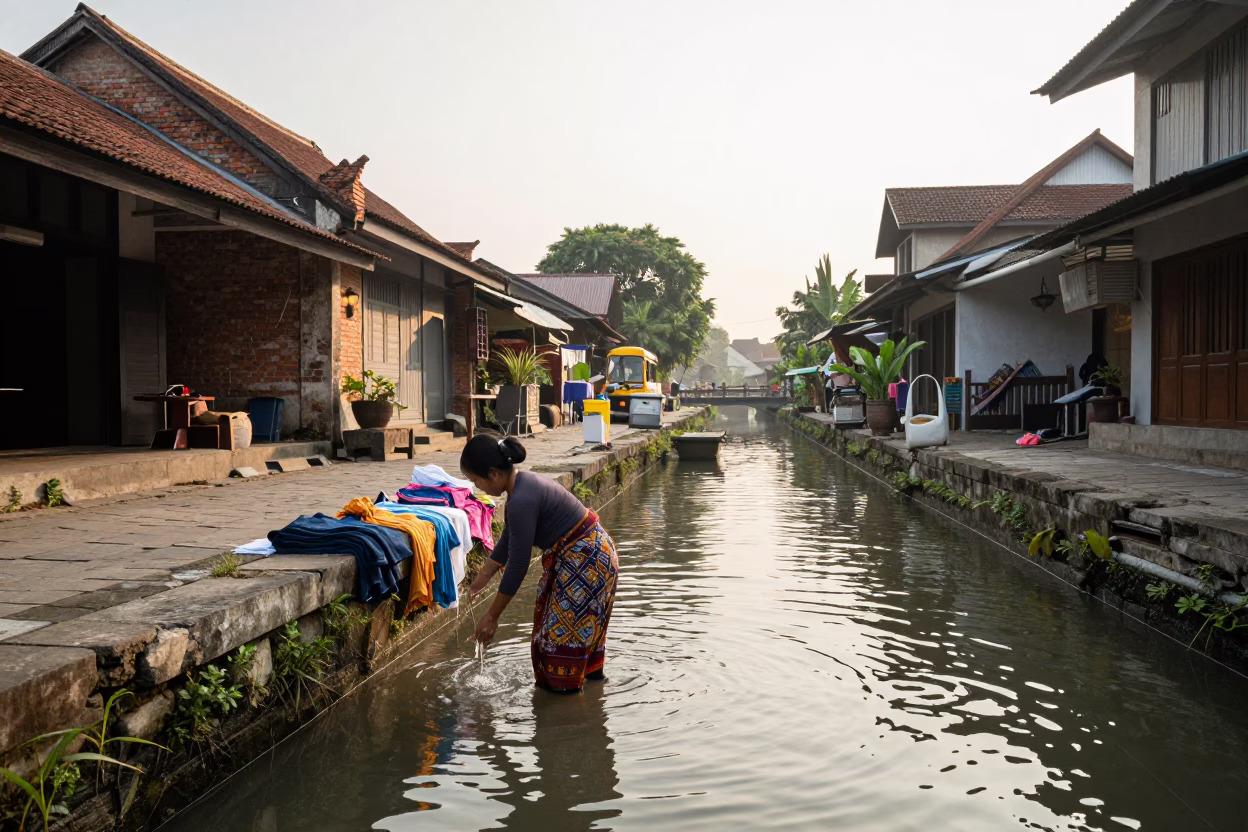 Yogyakarta street scene with woman washing clothes in river just after sunrise in in Yogyakarta, Indonesia