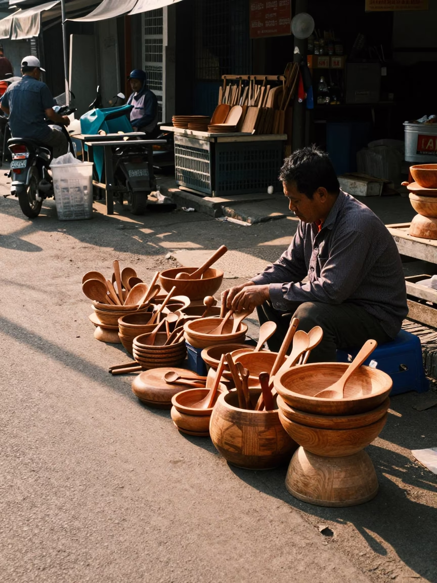 Yogyakarta street scene with wooden kitchen utensil and entomologist pinning beetle under task lamp in in Yogyakarta, Indonesia