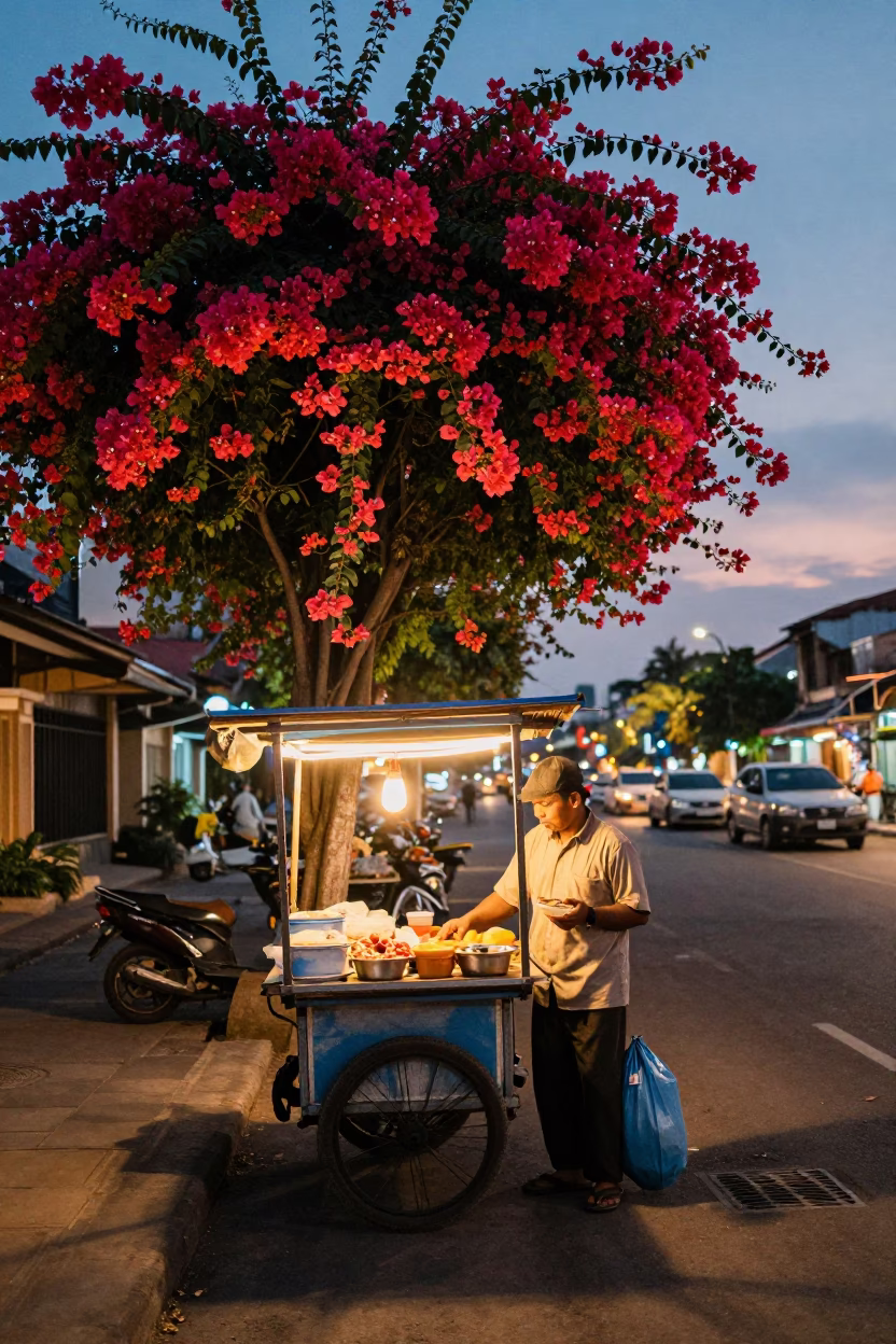 Yogyakarta street vendor at dusk with bougainvillea and glowing city lights in in Yogyakarta, Indonesia