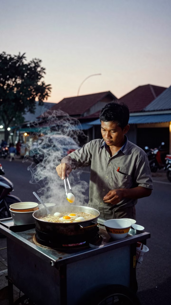 Yogyakarta Street Vendor Preparing Hot Ramen for Early Morning Commuters Before Dawn in in Yogyakarta, Indonesia