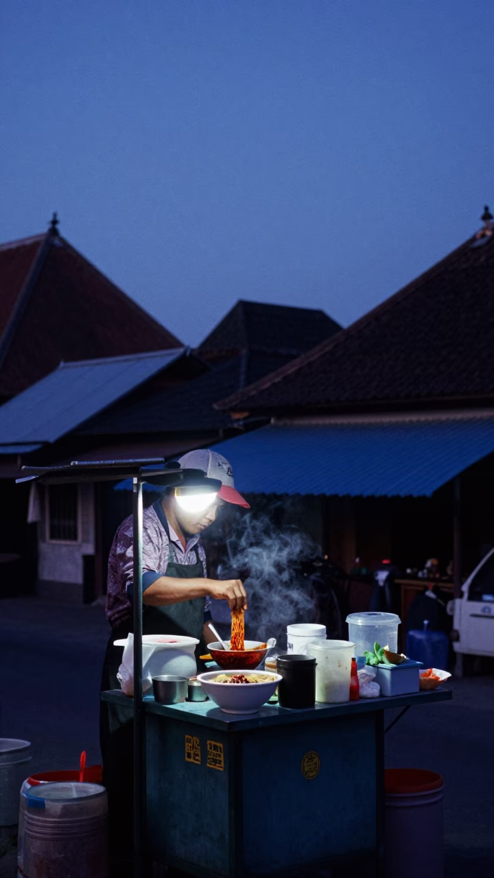 Yogyakarta Street Vendor Preparing Tantanmen Ramen with Chili Oil Before Sunrise in Indonesia in in Yogyakarta, Indonesia
