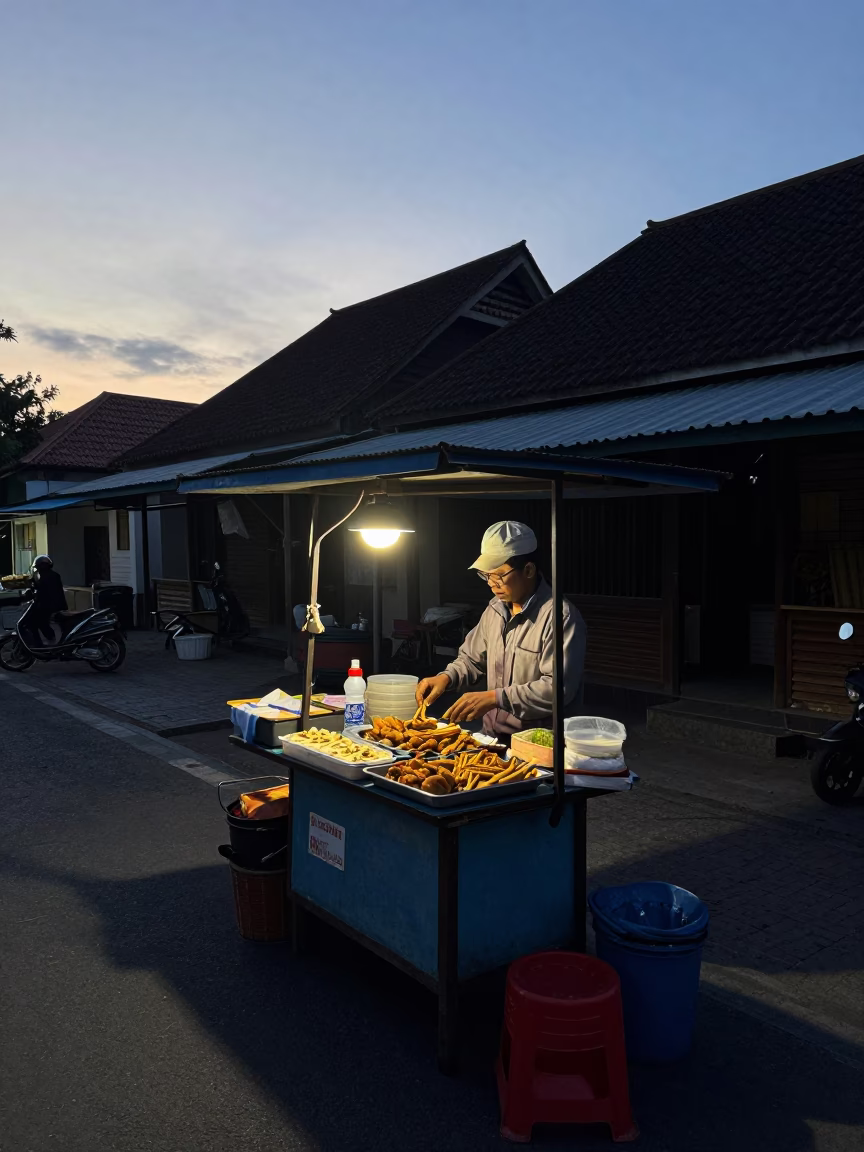 Yogyakarta street vendor preparing traditional snacks in pre-dawn light in in Yogyakarta, Indonesia