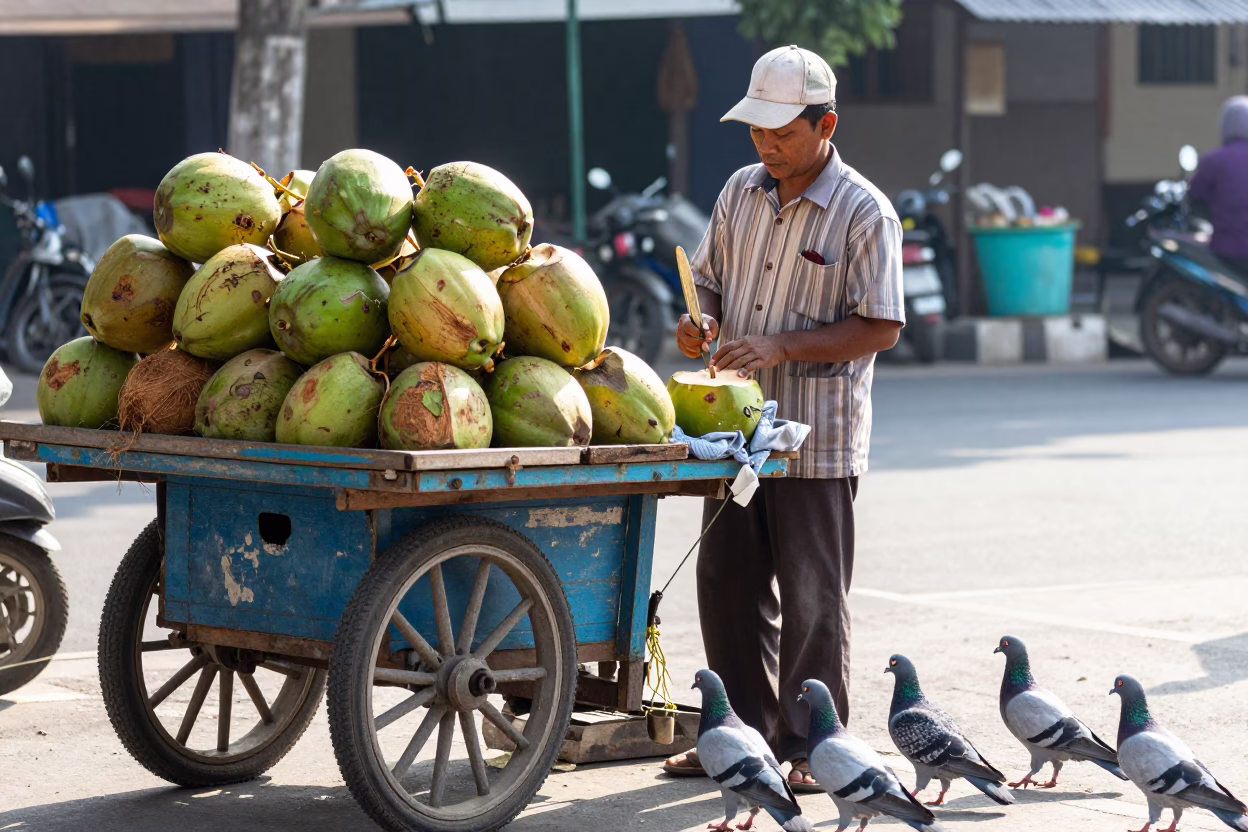 Yogyakarta street vendor selling fresh coconuts with pigeons nearby in in Yogyakarta, Indonesia