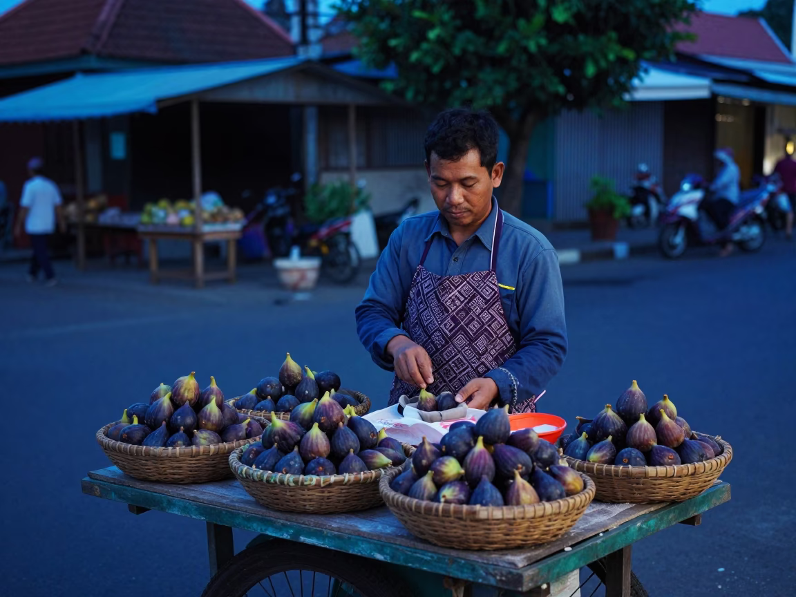 Yogyakarta Street Vendor Selling Fresh Figs Under Evening Blue Light in in Yogyakarta, Indonesia