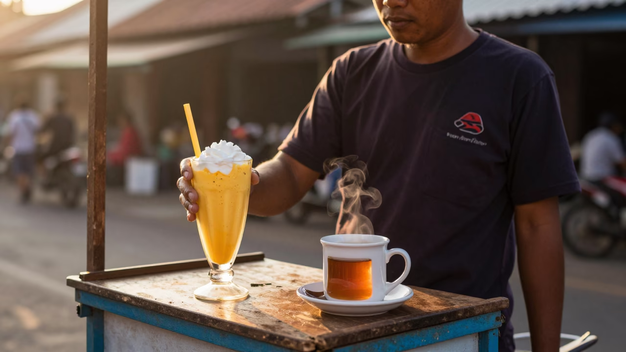 Yogyakarta Street Vendor Selling Mango Lassi and Tea at Sunset in Indonesia in in Yogyakarta, Indonesia