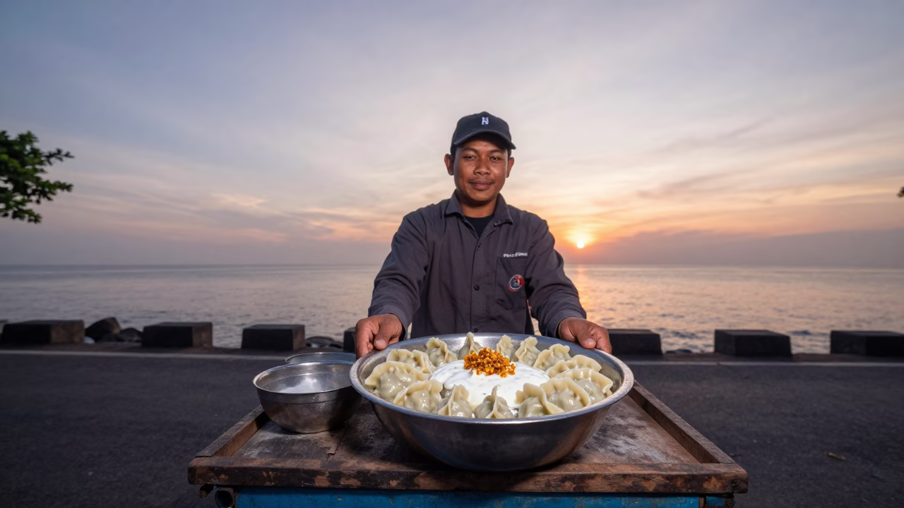 Yogyakarta Street Vendor Selling Manti Dumplings at Nautical Dawn in Indonesia in in Yogyakarta, Indonesia