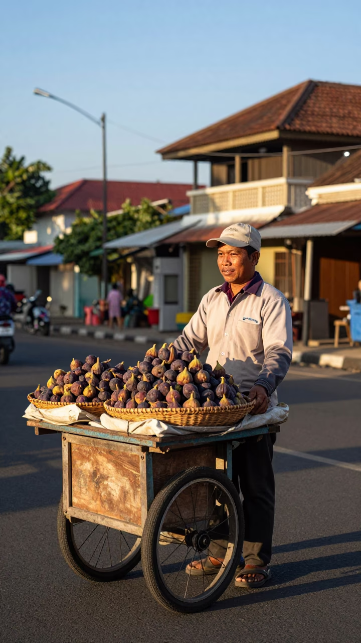 Yogyakarta Street Vendor Selling Ripe Figs in Late Afternoon Sunlight in in Yogyakarta, Indonesia