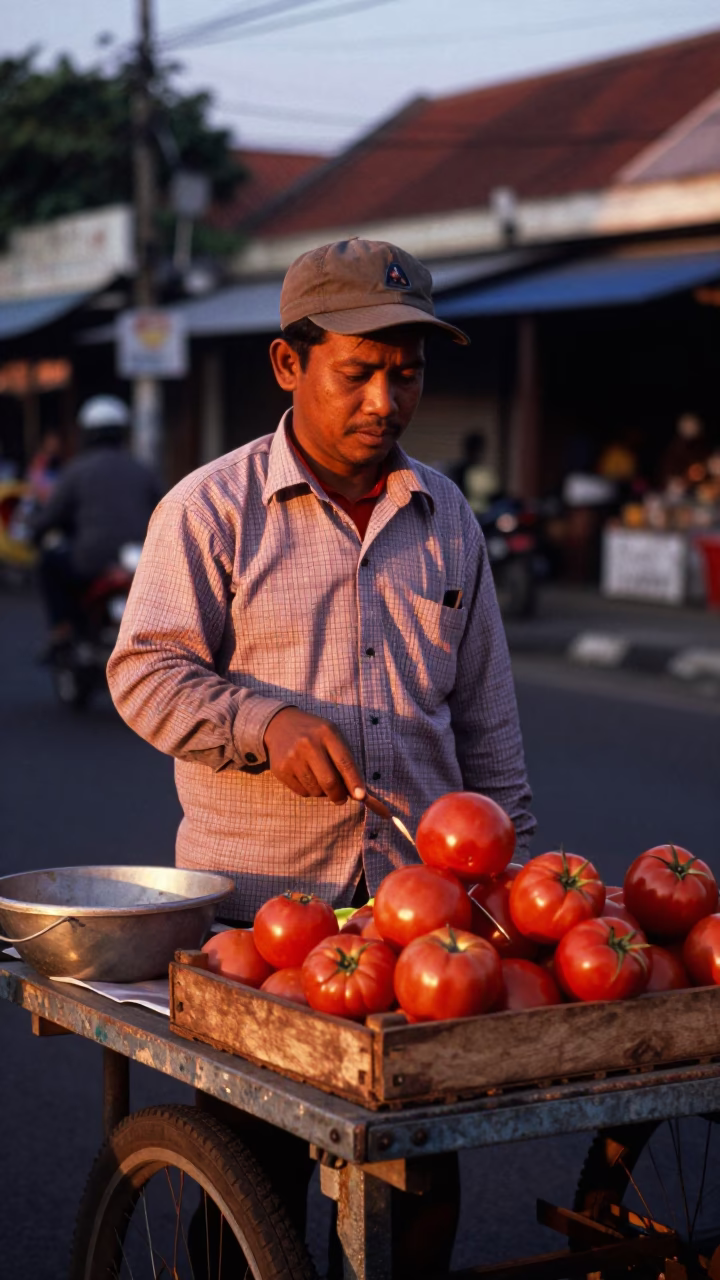 Yogyakarta Street Vendor Sells Tomatoes Under Copper Dusk Light in in Yogyakarta, Indonesia