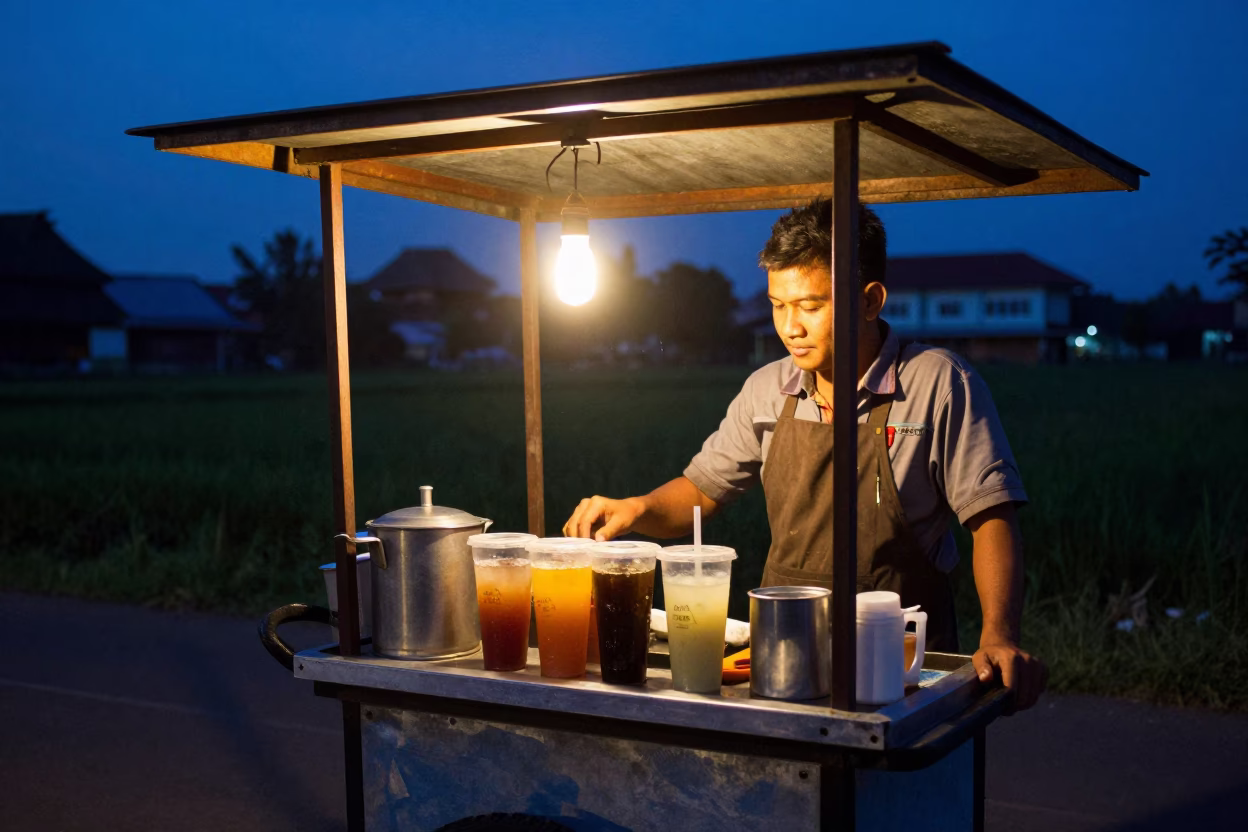Yogyakarta street vendor serving hot drinks during blue hour twilight in in Yogyakarta, Indonesia