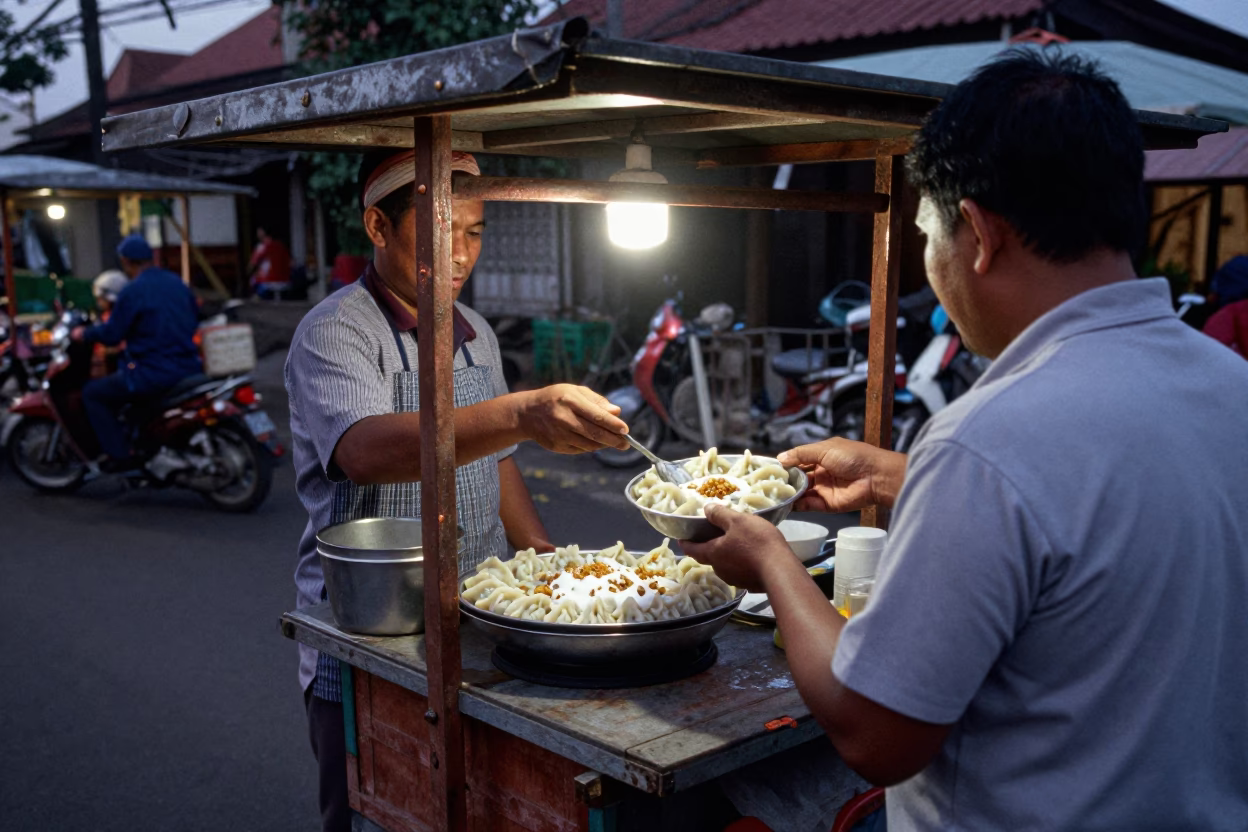 Yogyakarta Street Vendor Serving Manti Dumplings in Copper Dusk Light in in Yogyakarta, Indonesia