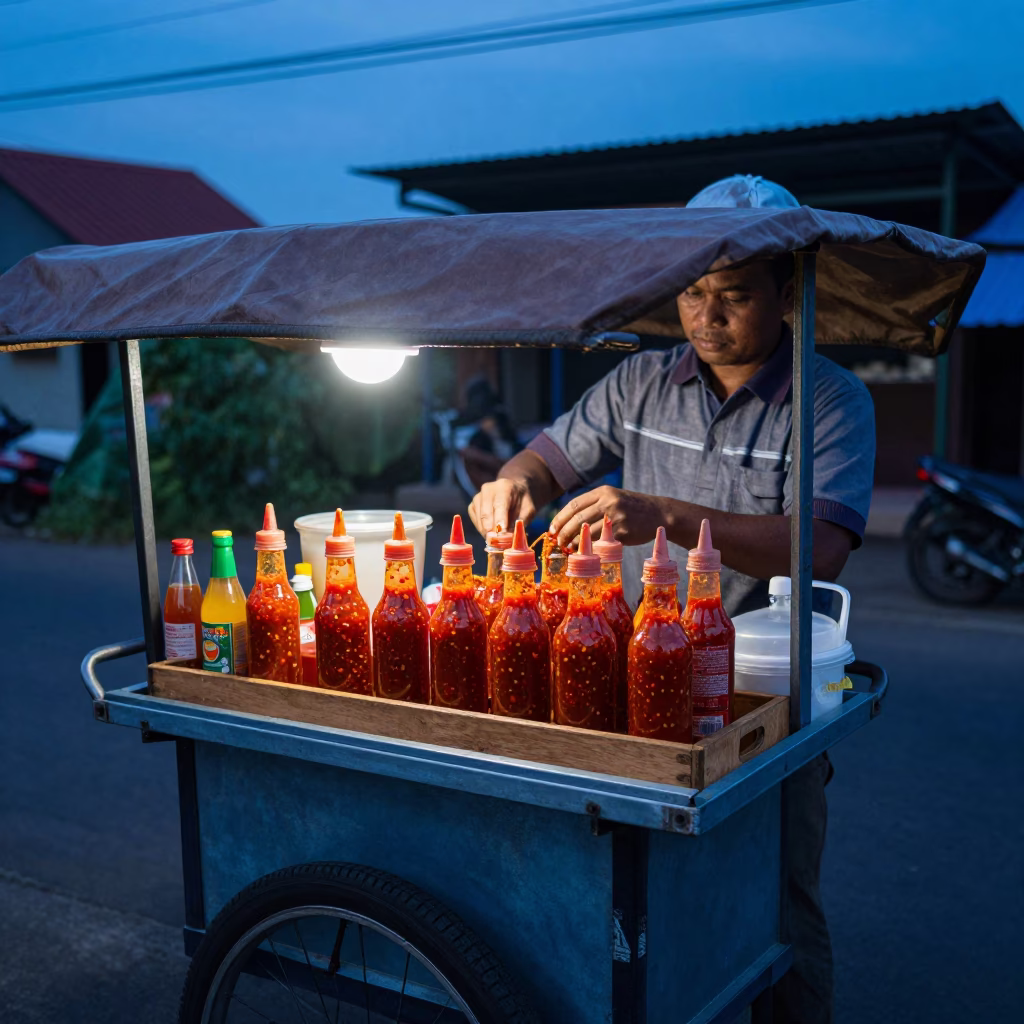 Yogyakarta street vendor serving spicy pepper sauce at dusk in in Yogyakarta, Indonesia