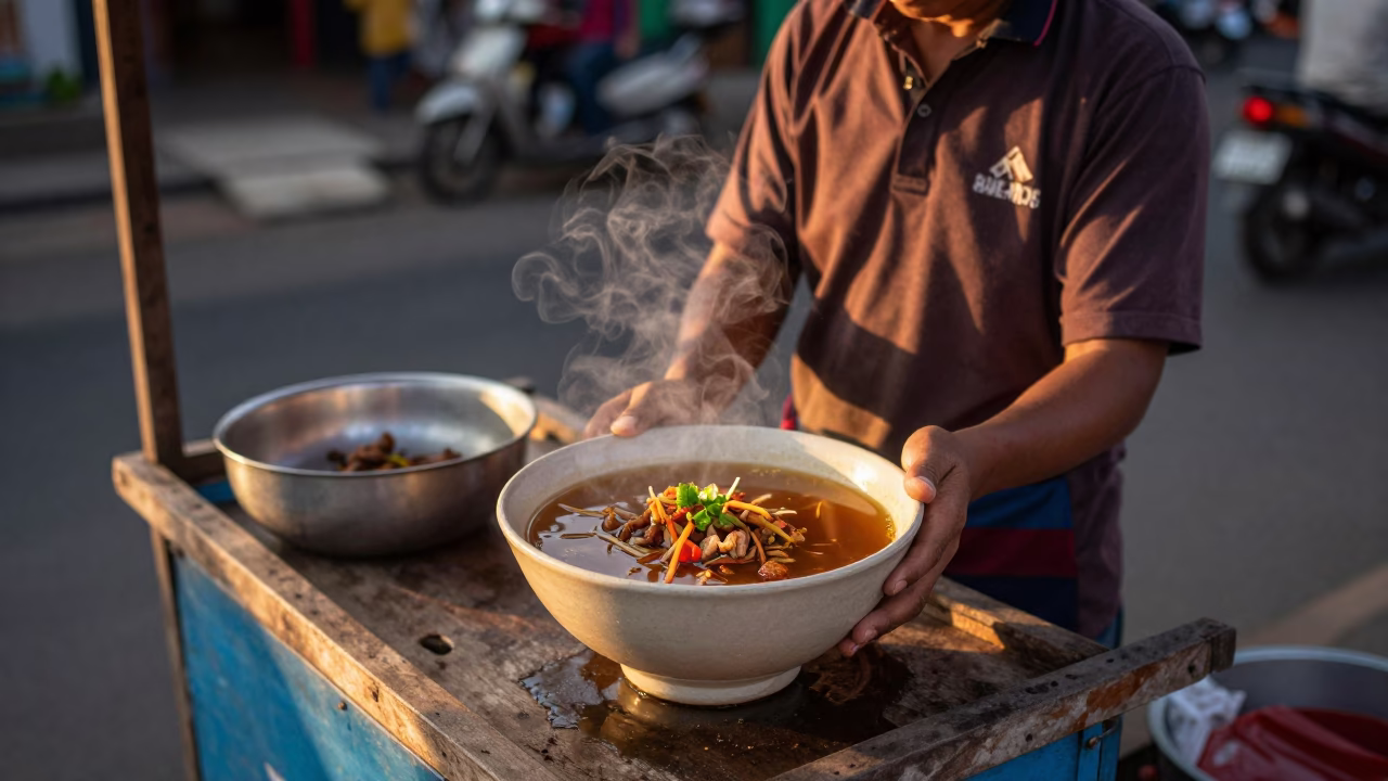 Yogyakarta street vendor serving traditional sinigang with tamarind broth in honeyed evening light in in Yogyakarta, Indonesia