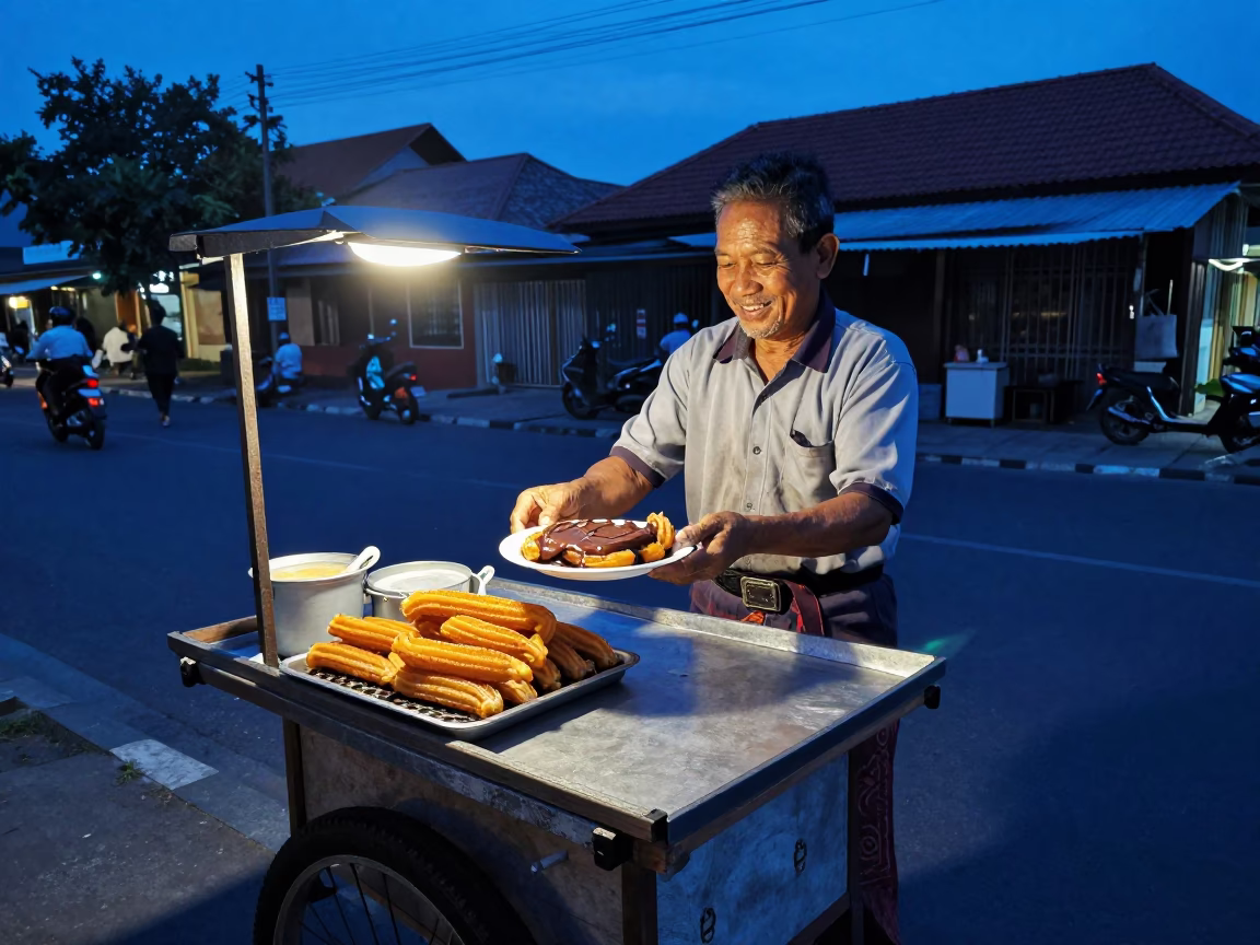 Yogyakarta Street Vendor Serving Warm Churros in Indigo Twilight in in Yogyakarta, Indonesia