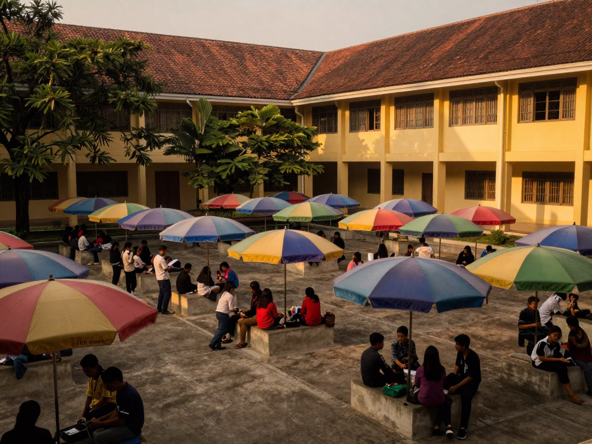 Yogyakarta University Courtyard Evening Umbrellas Seminar Blocks in in Yogyakarta, Indonesia