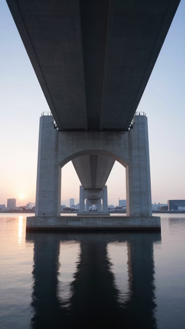Yokohama Bridge Pier Dawn Symmetry Winter in beneath a bridge span in Yokohama