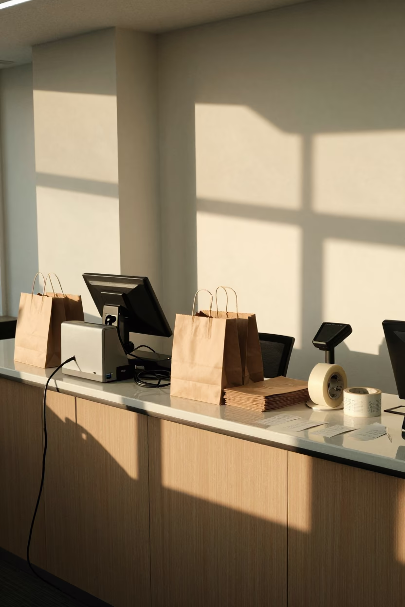 Yokohama Retail Scanner Counter with Stacked Bags in at a cash wrap counter with bags stacked nearby in Yokohama