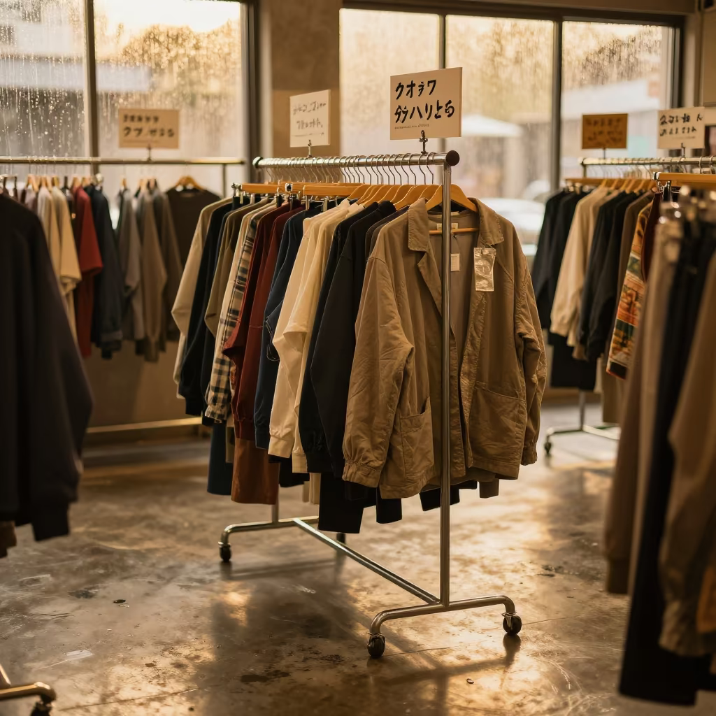 Yokohama Thrift Rack Under Golden Monsoon Light in inside a retail floor display area near Yokohama