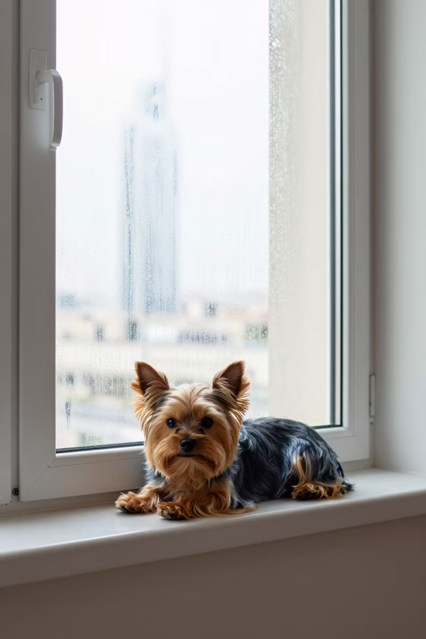 Yorkie on Window Seat in Abu Dhabi Morning Light in on a window seat in a quiet apartment with soft side light in Abu Dhabi