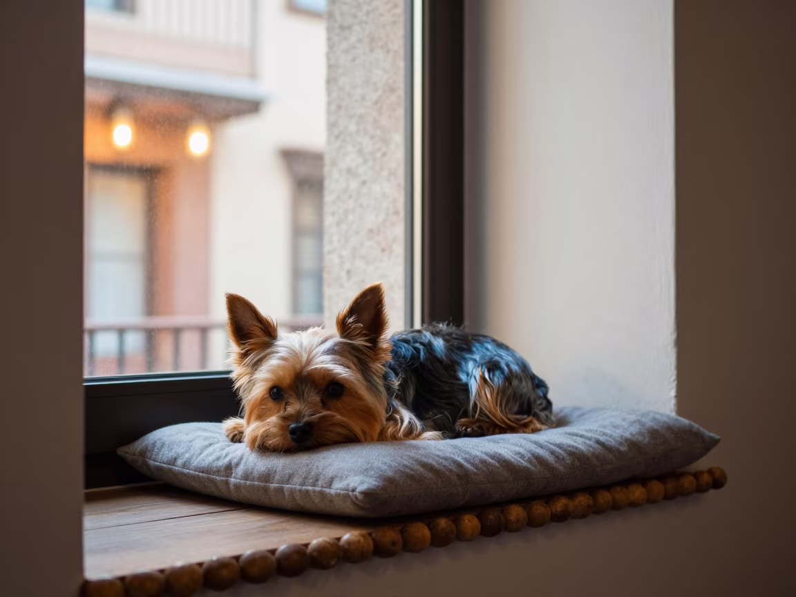 Yorkie on Window Seat in Acapulco de Juárez in on a window seat in a quiet apartment with soft side light near Acapulco de Juárez
