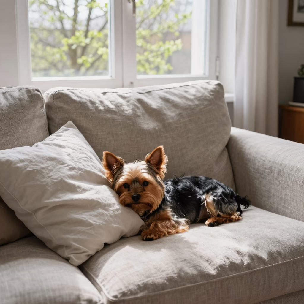 Yorkie Resting on Linen Sofa in Hamburg in on a linen sofa with daylight from a nearby window in Eppendorf, Hamburg