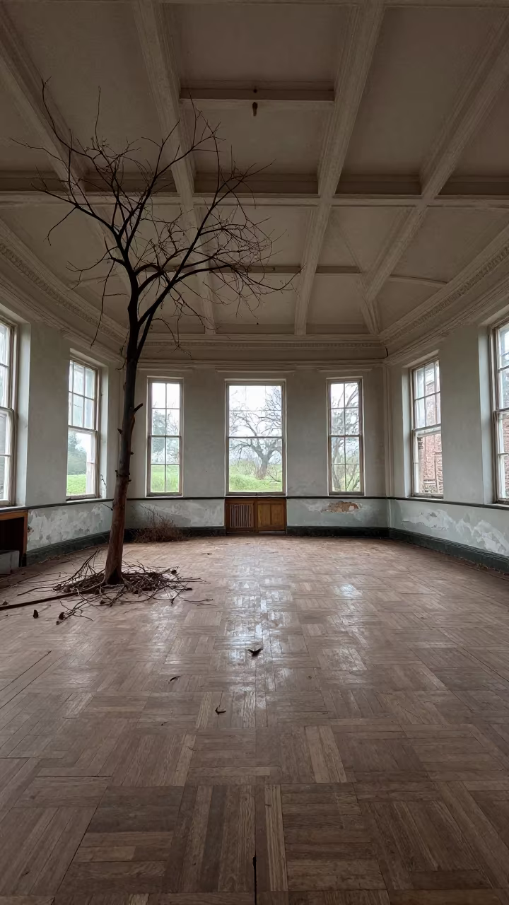 Yorkshire Ballroom Ruin Trees Parquet First Light in inside a stair hall open to the weather in Yorkshire