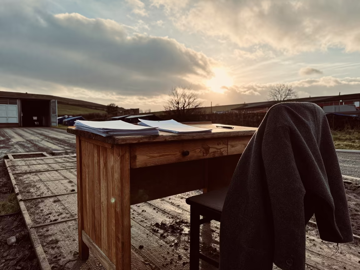 Yorkshire Stockyard Ledger Desk at Dusk in at a stockyard loading ramp in Yorkshire