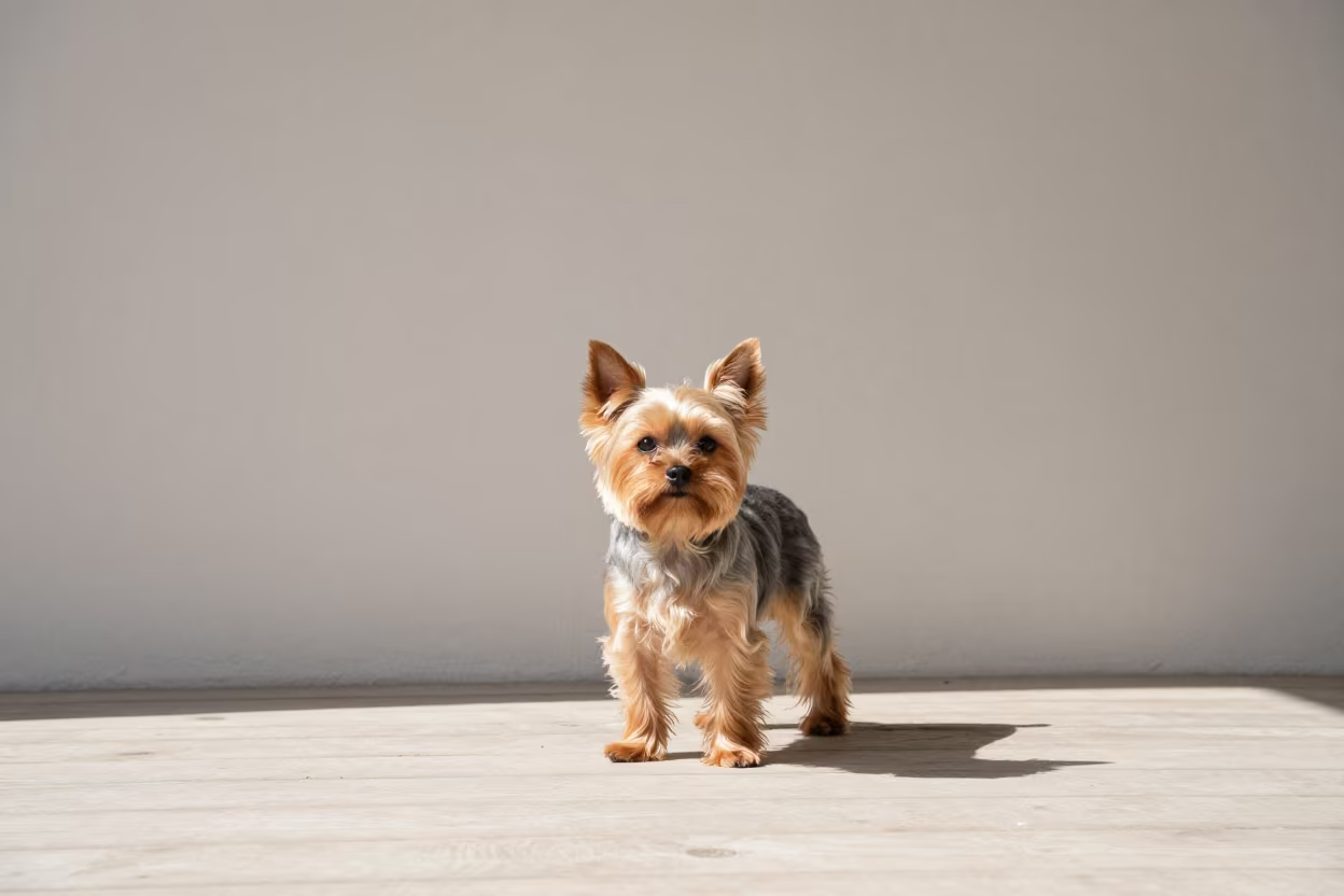 Yorkshire Terrier on Shaded Courtyard Porch in beside a plain courtyard wall in clear daylight with the animal at eye level near Incheon