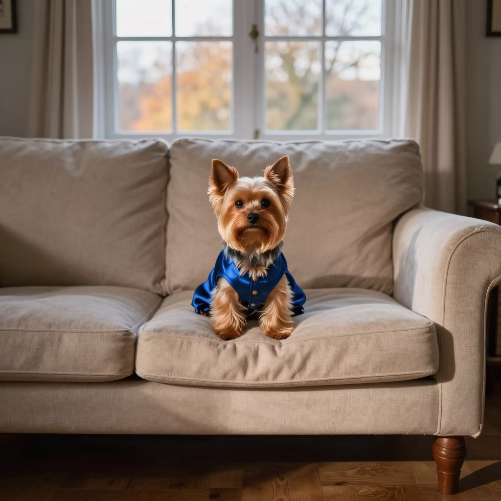 Yorkshire Terrier Portrait in Autumn Dawn Light in on a sofa near a curtained window with calm indoor light near Chelmsford