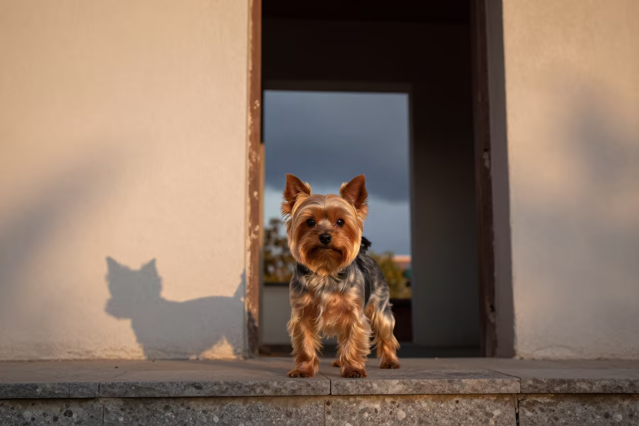 Yorkshire Terrier Portrait in Gujranwala Courtyard in beside a plain courtyard wall in clear daylight with the animal at eye level in Gujranwala