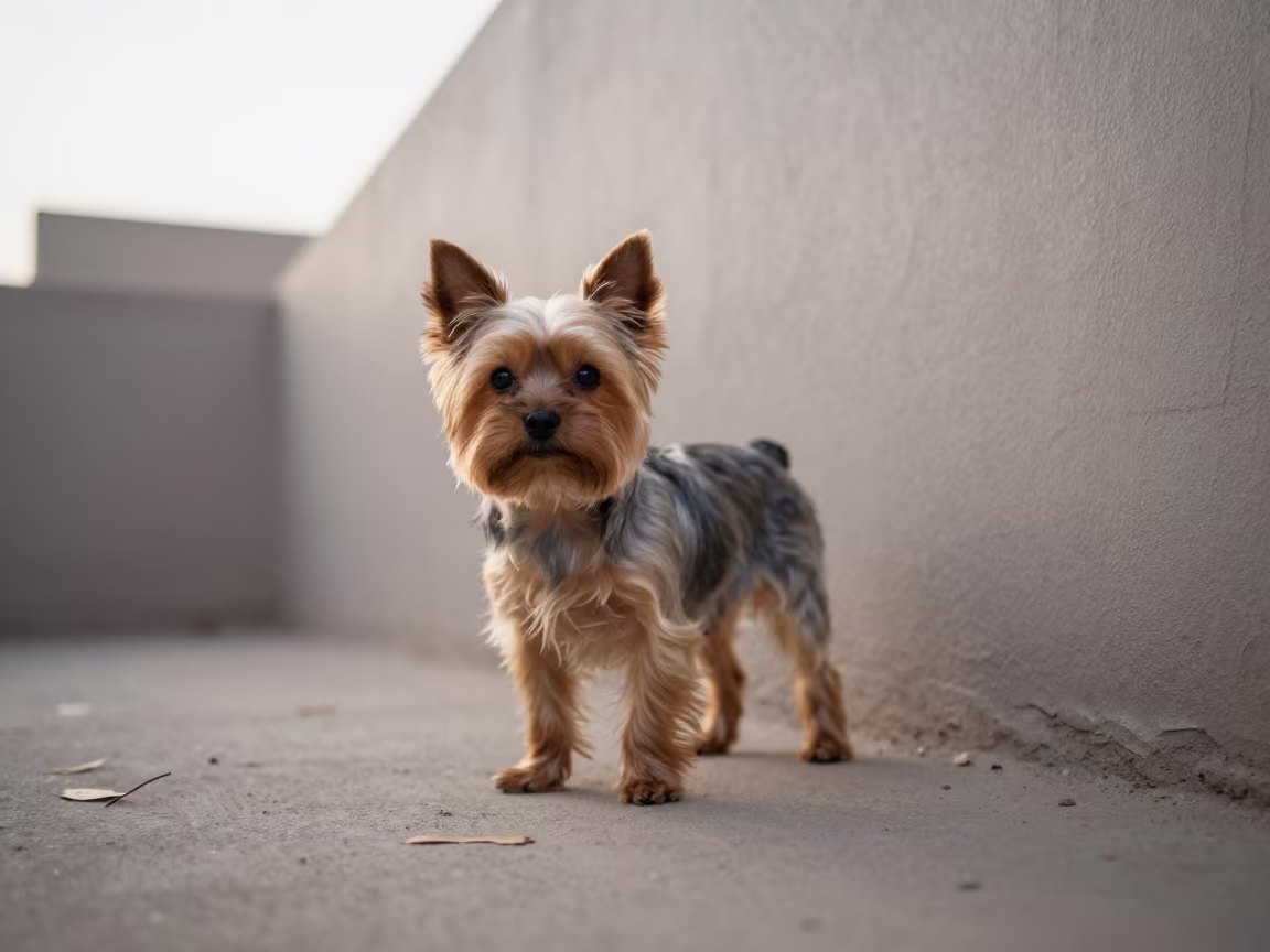 Yorkshire Terrier Portrait in Quetta Courtyard in beside a plain courtyard wall in clear daylight with the animal at eye level in Quetta